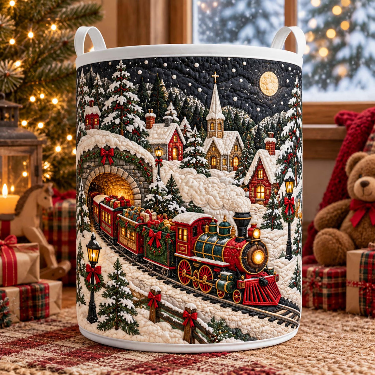 Christmas Train Snowy Village Laundry Basket, Clothes Hamper, Christmas Gift For Mom