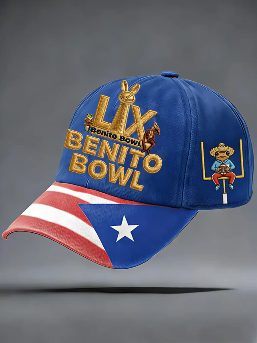 Benito Bowl LX Half Time Show Blue Hat, Puerto Rican & American Streetwear, Adjustable Cap