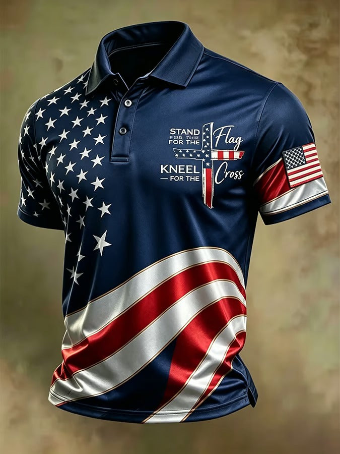 Christian Patriotic Men's Polo, Stand For The Flag Cross Design, 4th Of July Polo