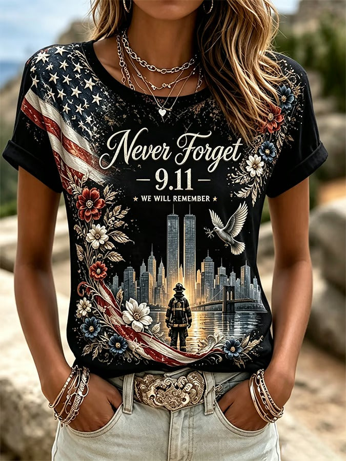 9.11 Never Forget We Will Remember Shirt, America Floral 25th Anniversary Shirt, Memorial Womens Tee