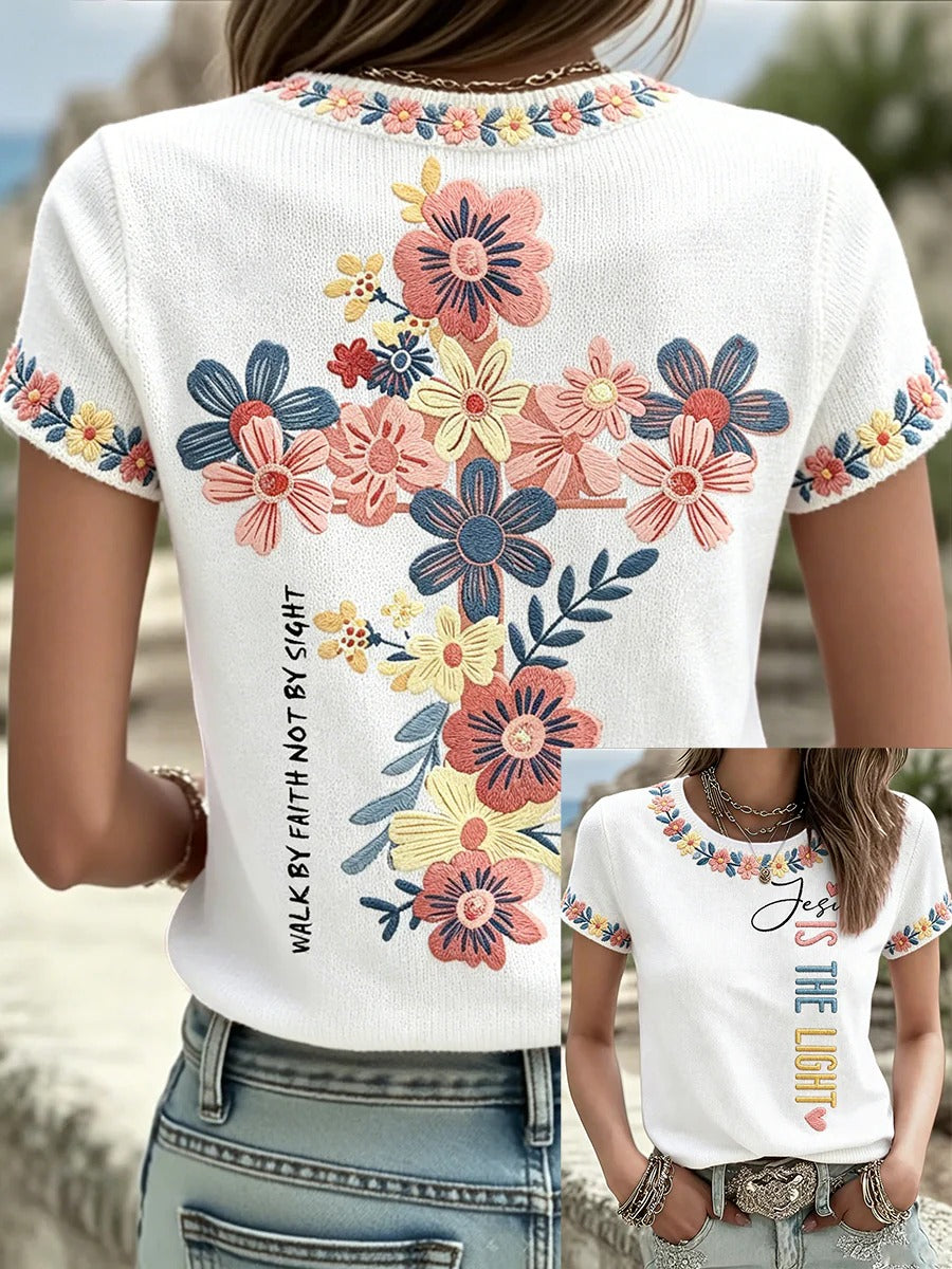 Women's Floral Faith Jesus Walk By Faith V-neck Shirt Women's Christian V-neck T-shirts