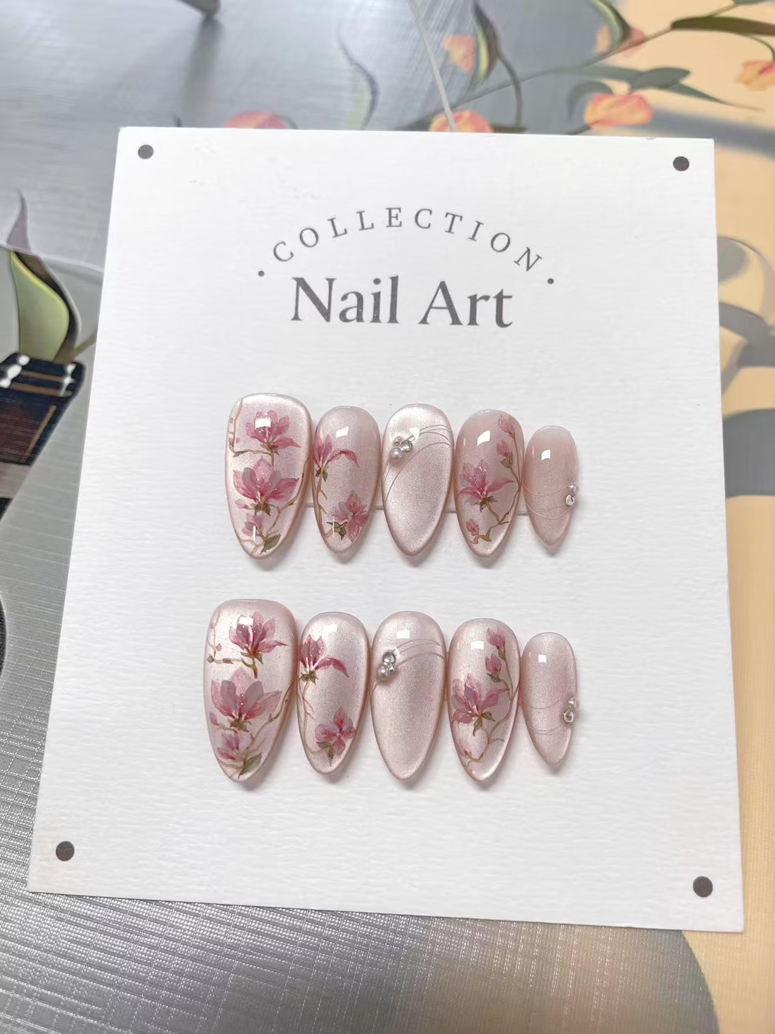 Pink Flowers Cat Eye Press On Nails, Hand Painted Reusable Press On Nails