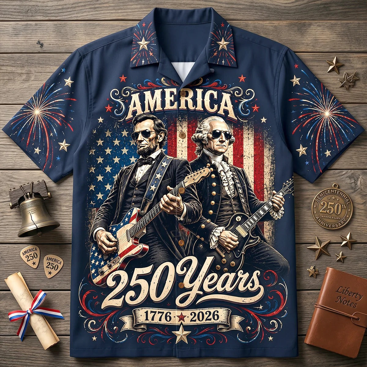 America 250th Anniversary Presidents Guitar Shirt, American Flag Shirt, Patriotic Hawaiian Shirt, Shirts For Men