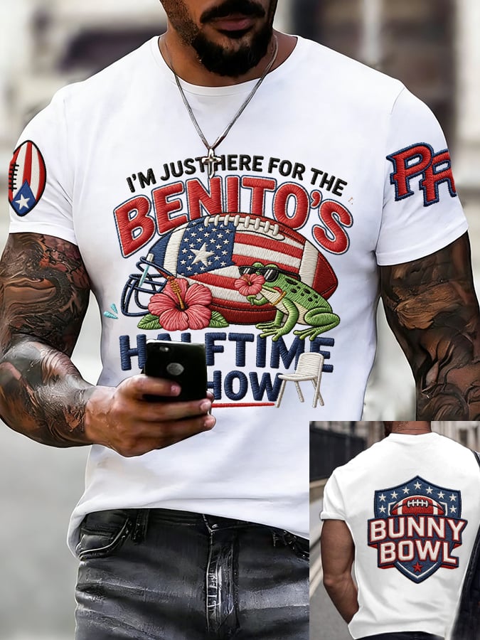 I'm Just Here For The Benito's Halftime Show Big Game Print Football Tee, Bunny Bowl Bad Game Day Bunny Shirt