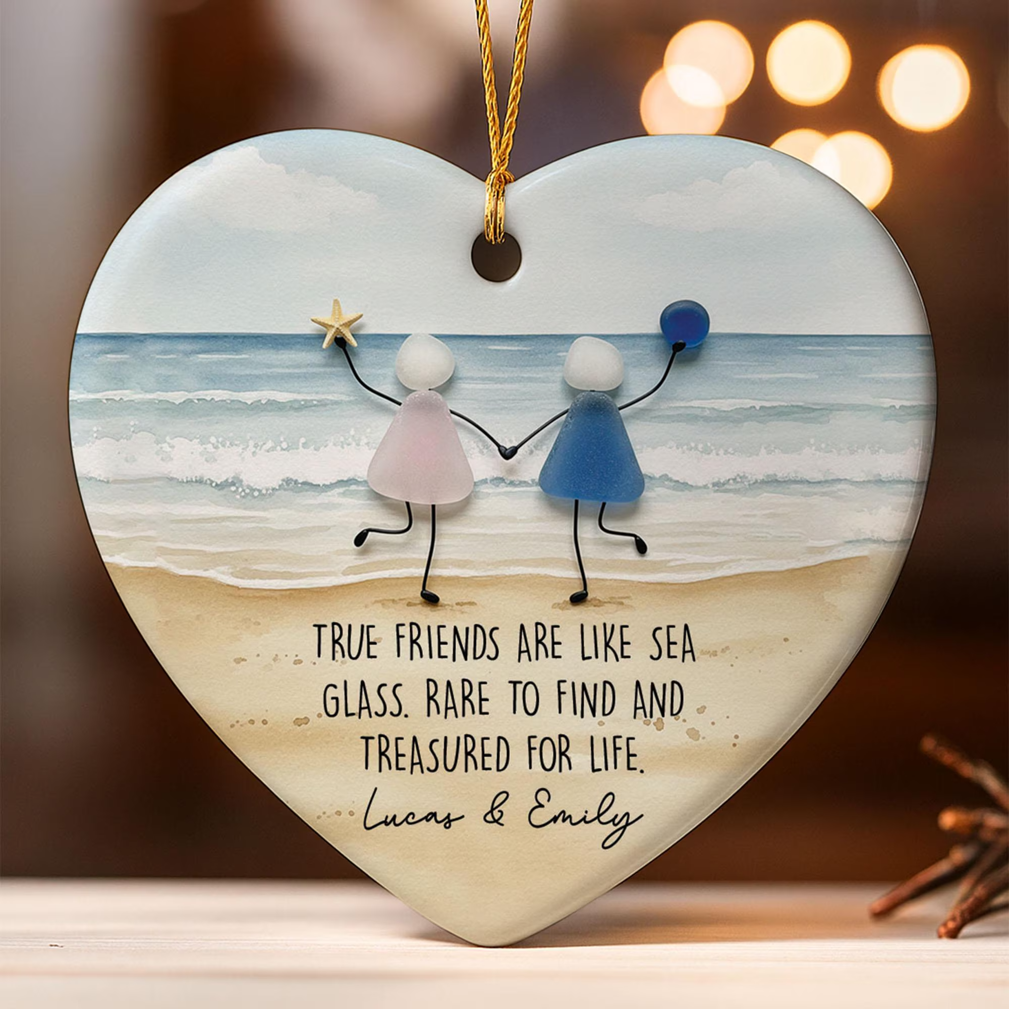 True Friends Are Like Sea Glass Heart Shape Acrylic On Ceramic Xmas Ornament, Sea Glass Christmas Ceramic Ornament
