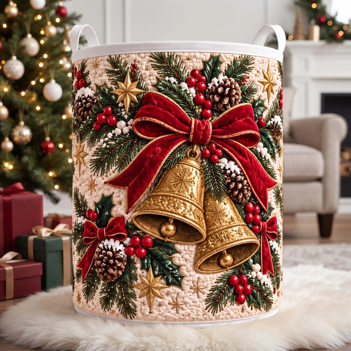Christmas Gold Bells Red Bow Laundry Basket, Clothes Hamper, Christmas Gift For Mom