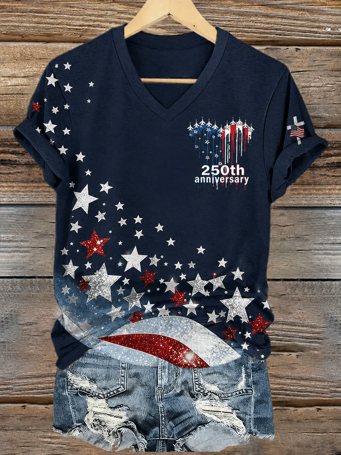 Glitter USA 250 Shirt for Women, Patriotic Star Burst Design, Independence Day Shirt