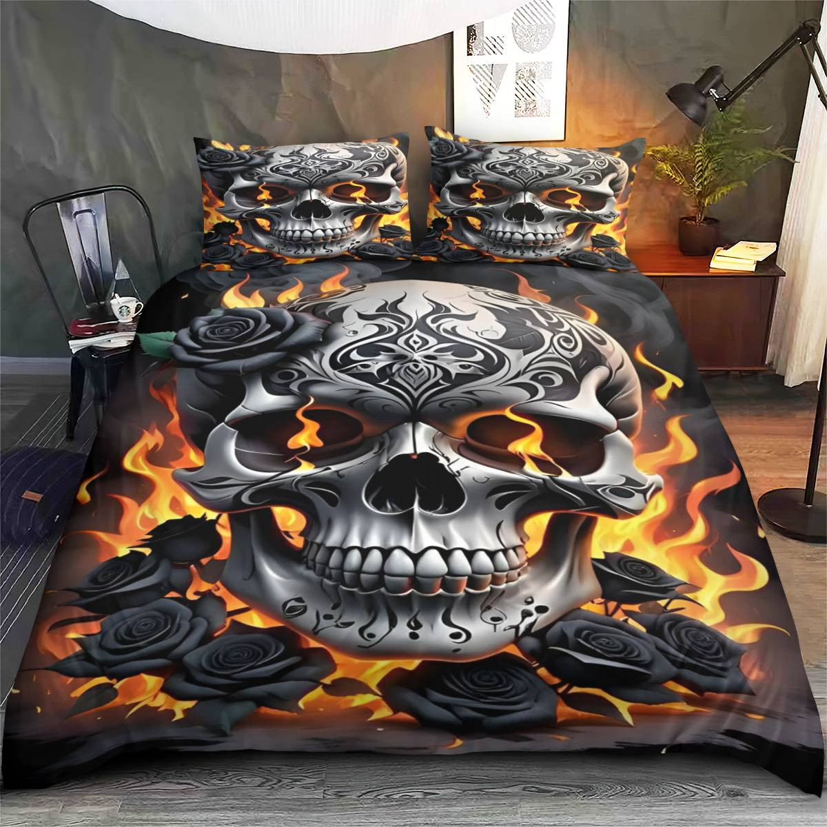 Roses And Skull Quilt Bed Set, Skull Bedding Set, Couple Bedding Set, Couple Valentine Gift