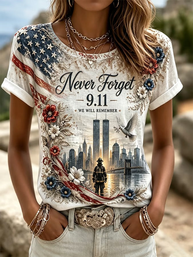 We Will Remember 9.11 Floral Tribute Shirt, Women's Graphic Tee, American Flag Shirt