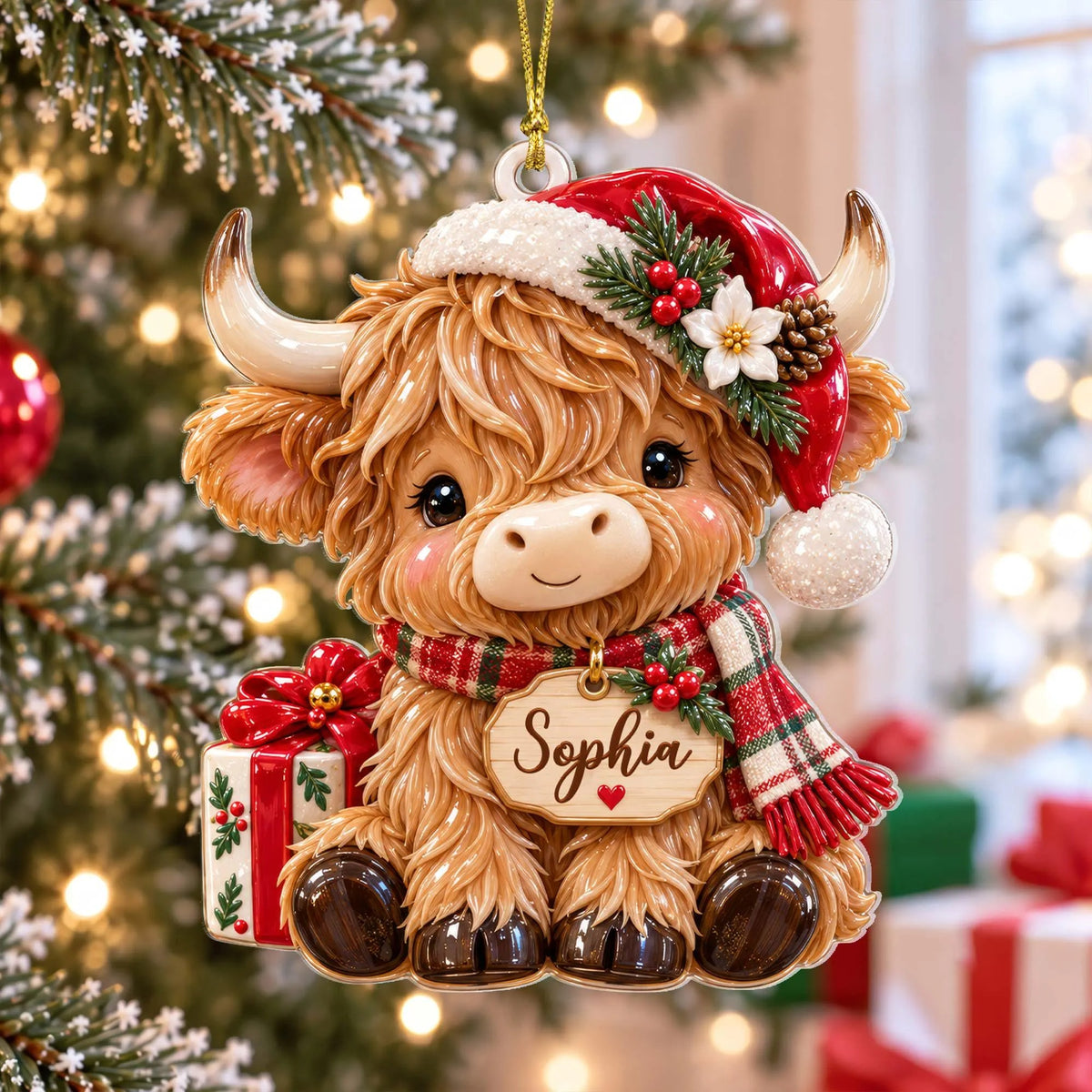 Highland Cow Christmas Acrylic Ornament, Personalized Christmas Ornament, Christmas Gift