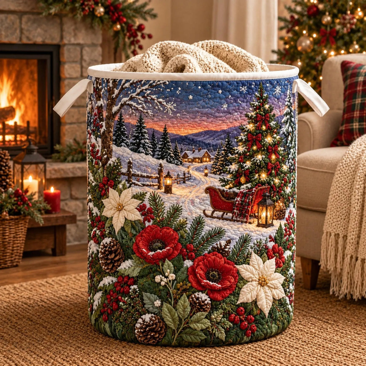 Christmas Sleigh Poinsettia Laundry Basket, Clothes Hamper, Holiday Gift For Mom