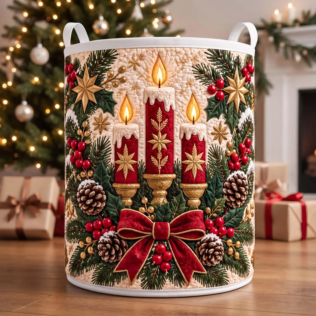 Christmas Red Candles Bow Laundry Basket, Laundry Hamper Basket, Gift For Grandma
