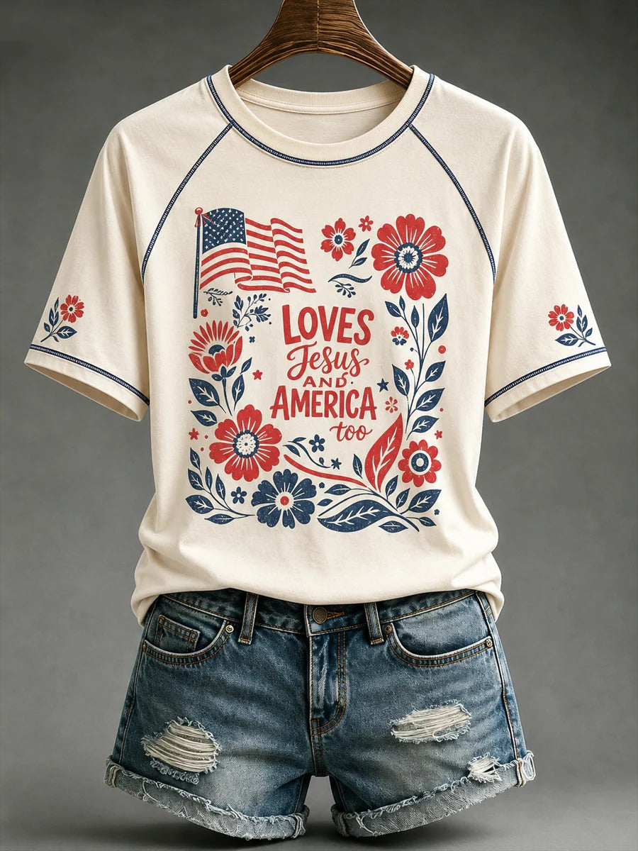 Women's Loves Jesus and America Too Shirt Women's Christian V-neck T-shirts