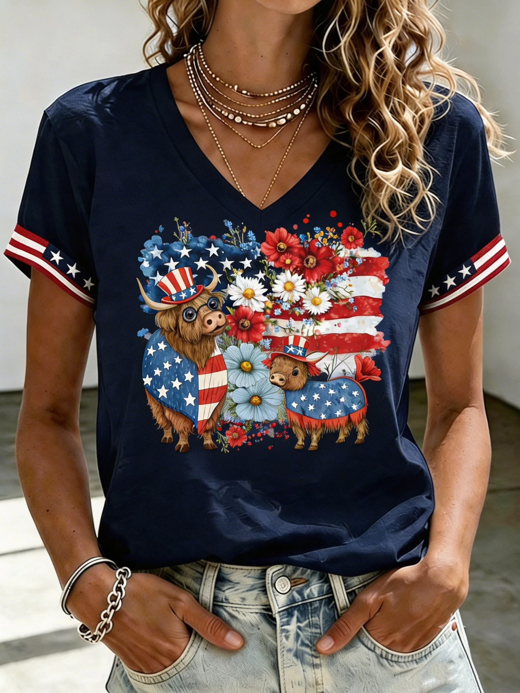 Patriotic Highland Cow Shirt for Women, American Flag Floral Design, 4th Of July Shirt