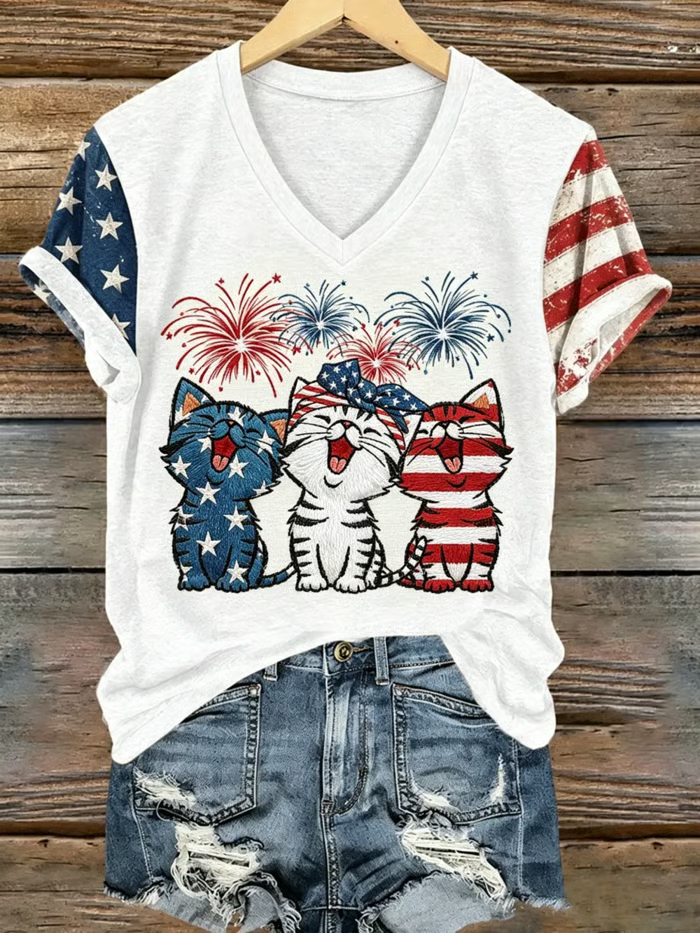 Vintage Patriotic Cat Shirt for Women, Fireworks Kitten Graphic Tee, 4th Of July Shirt