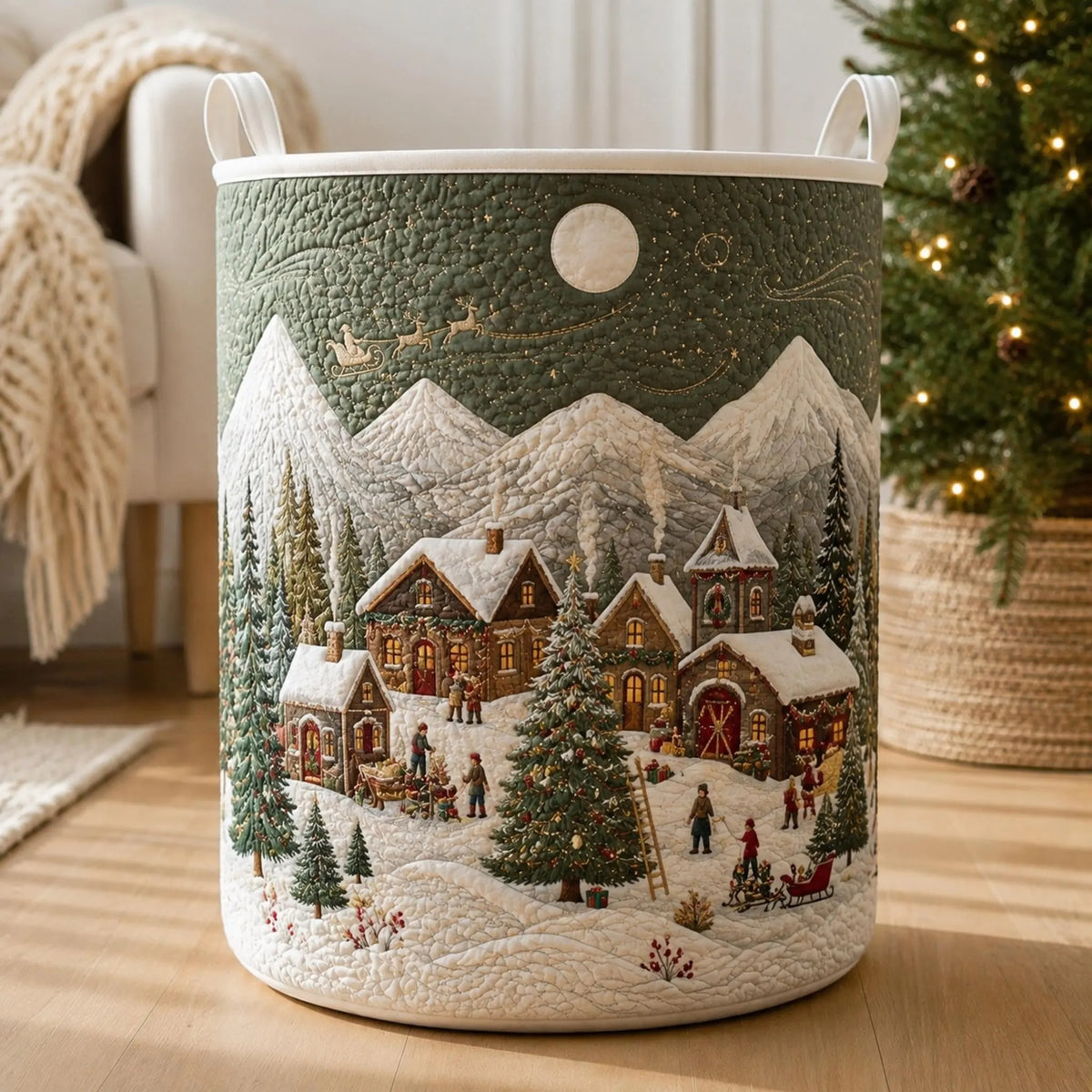 Santa Sleigh Snowy Christmas Village Laundry Basket, Laundry Hamper, Gift For Mom
