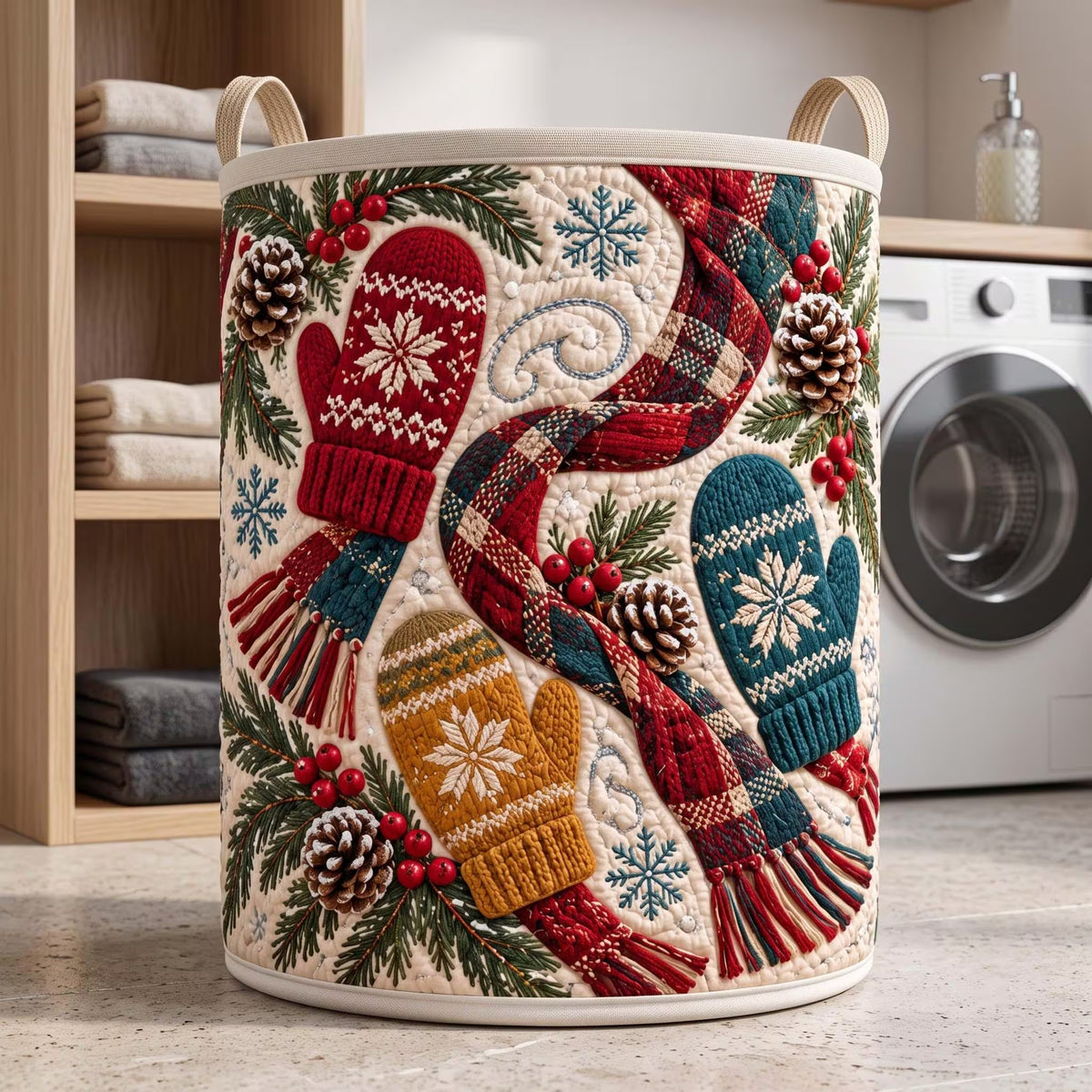 Christmas Mittens Plaid Scarf Laundry Basket, Clothes Hamper, Christmas Gift For Mom