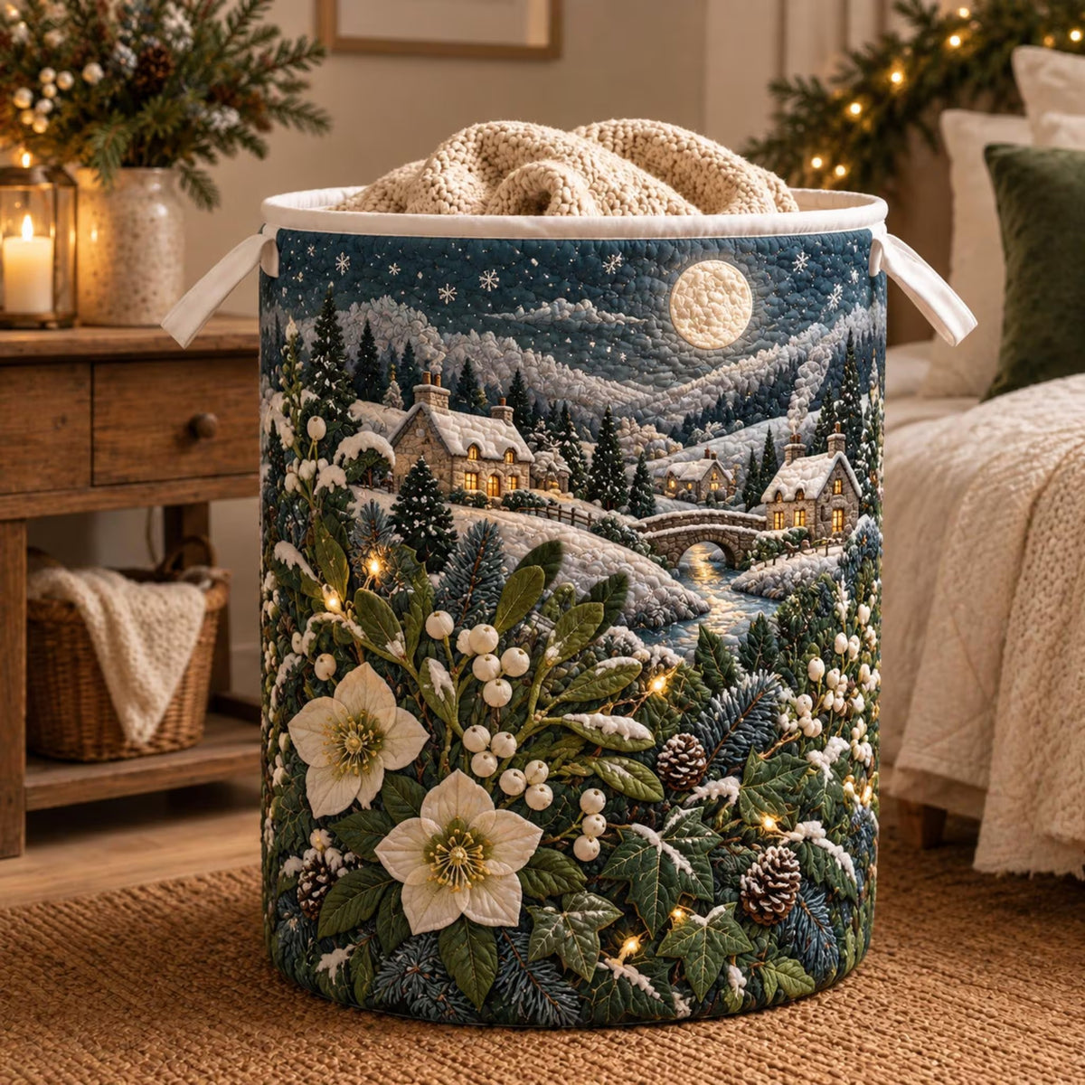 Moonlit Christmas Village Laundry Basket, Laundry Storage Basket, Gift For Mom