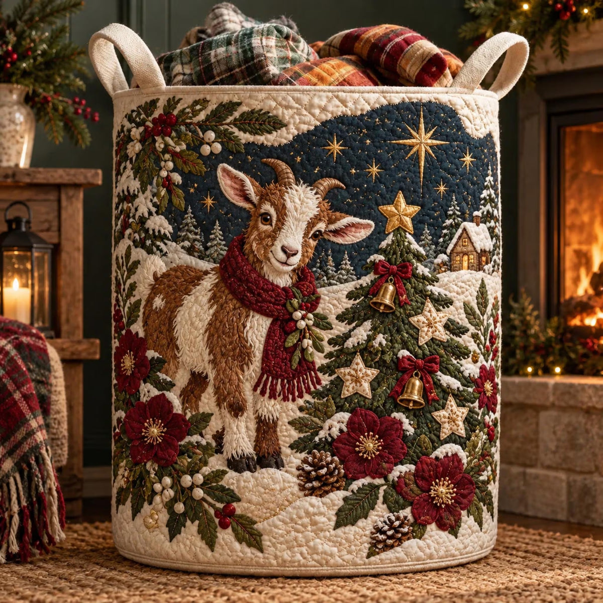 Christmas Goat Snowy Tree Laundry Basket, Laundry Hamper, Holiday Gift For Mom