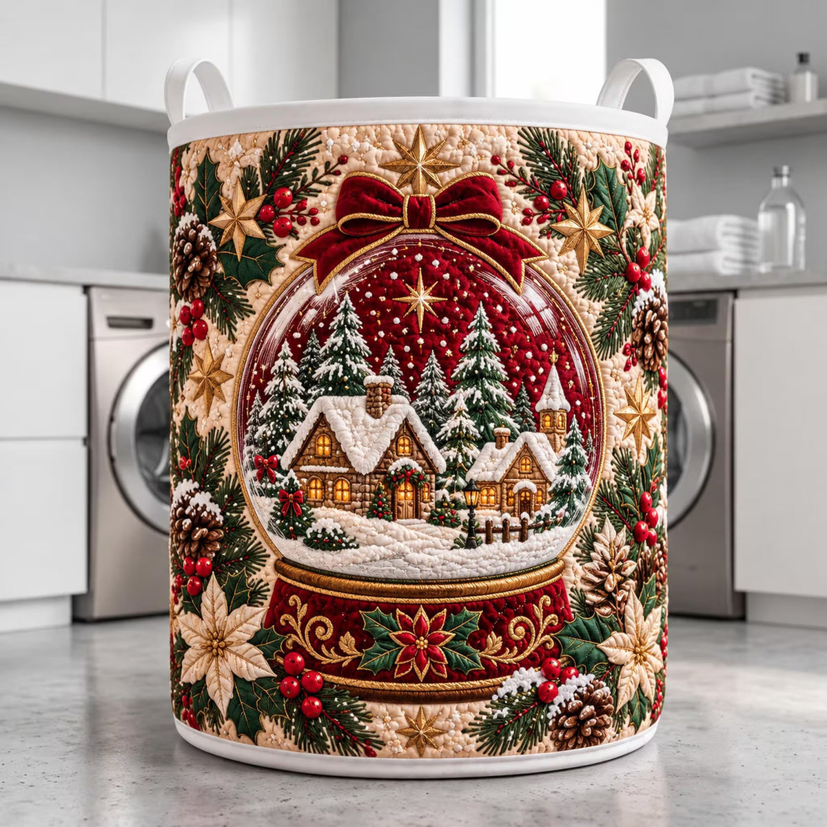 Snowy Village Snow Globe Laundry Basket, Clothes Hamper, Christmas Gift For Mom