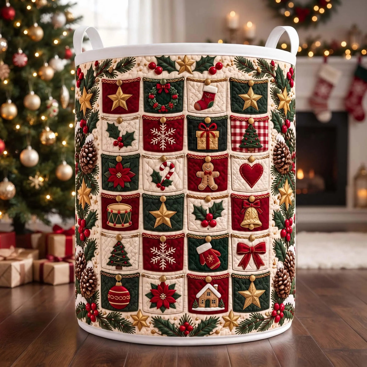 Christmas Patchwork Icons Laundry Basket, Laundry Storage Basket, Clothes Hamper