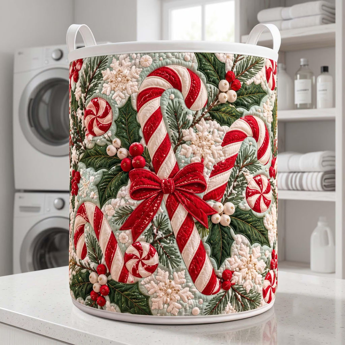Christmas Candy Cane Bow Laundry Basket, Clothes Hamper, Laundry Storage Basket