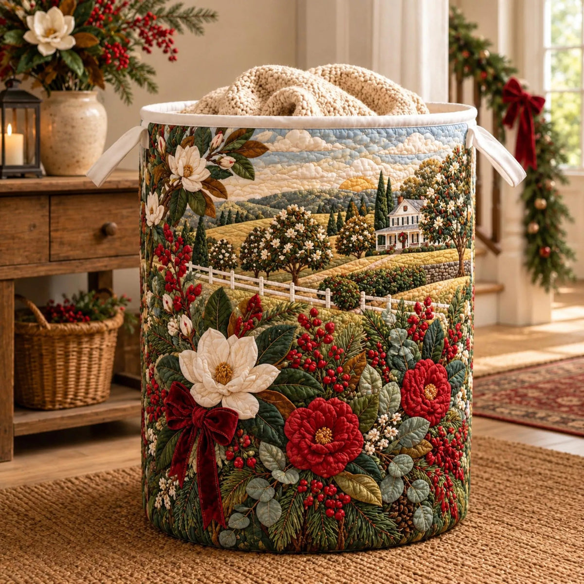 Christmas Farmhouse Floral Laundry Basket, Clothes Hamper, Christmas Gift For Mom