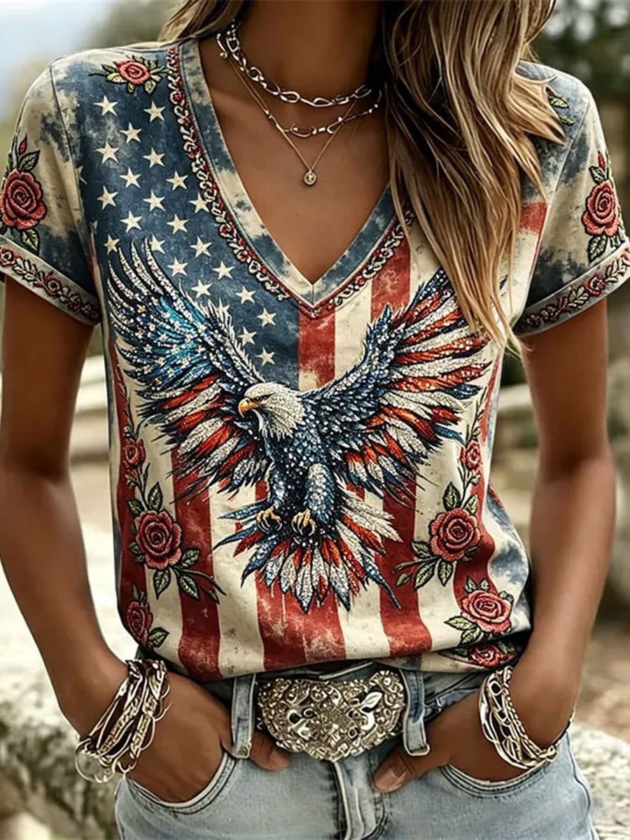 Vintage Eagle American Flag Floral V-Neck T-Shirt, USA Flag Shirt, 4th Of July Shirt