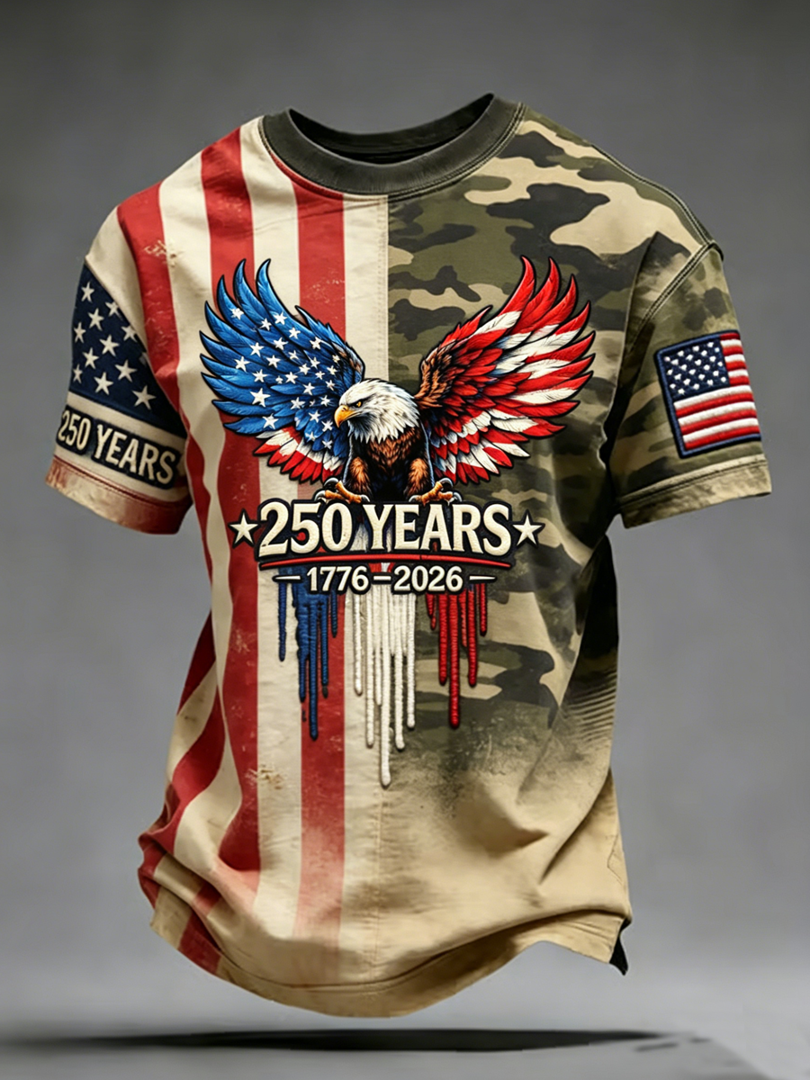 USA 250 Eagle Shirt, Military Camo American Flag Graphic Tee, Independence Day Shirt