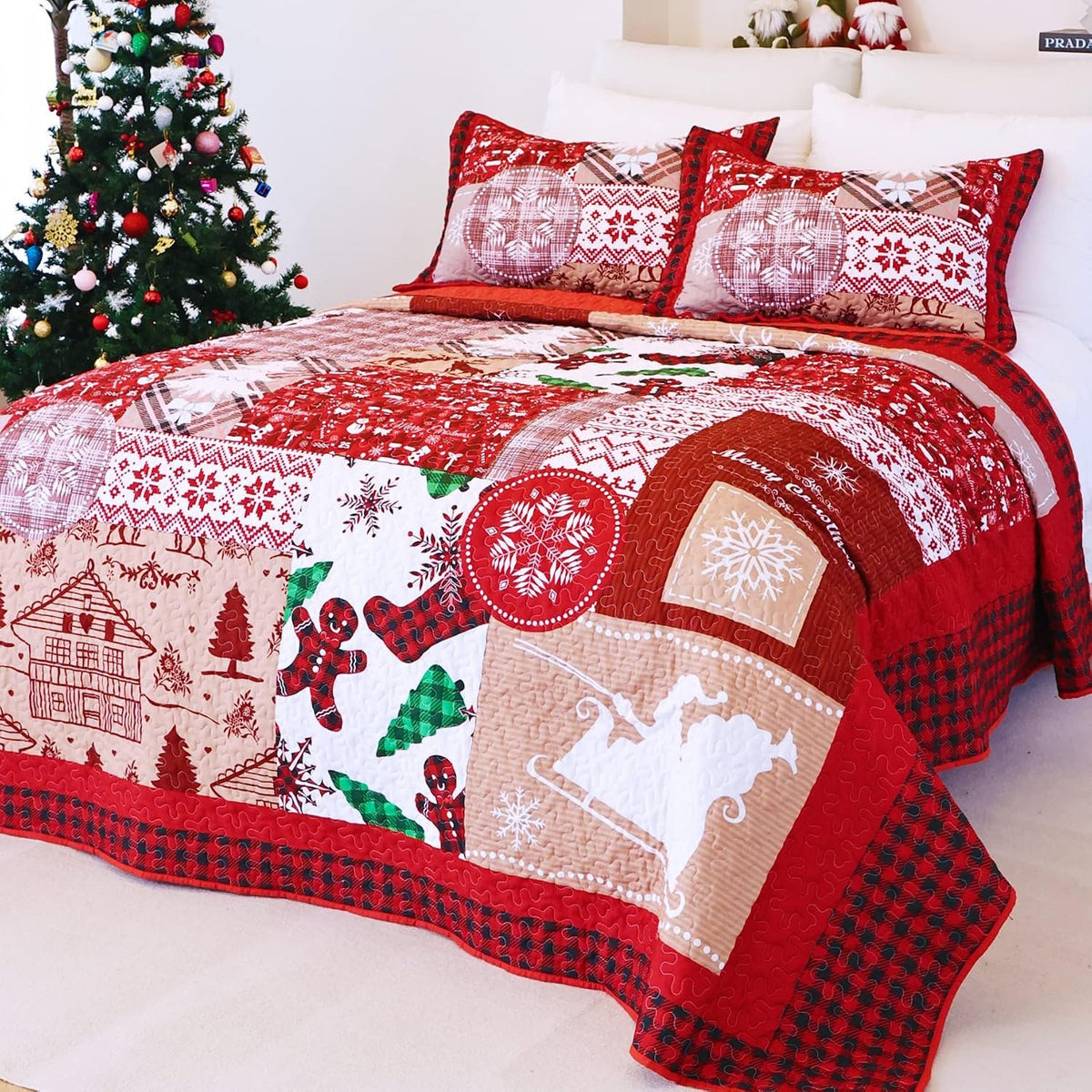 Merry Christmas Patchwork Quilted Bedding Set, Christmas Quilt Gift, Holiday Decor