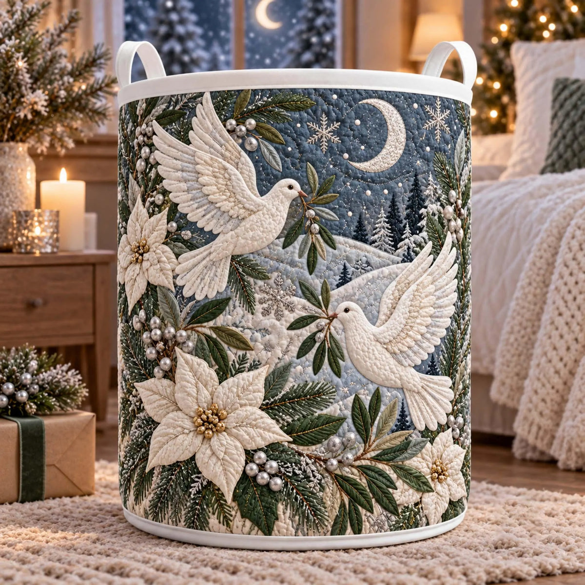 Christmas White Doves Moon Laundry Basket, Laundry Hamper, Christmas Gift For Mom