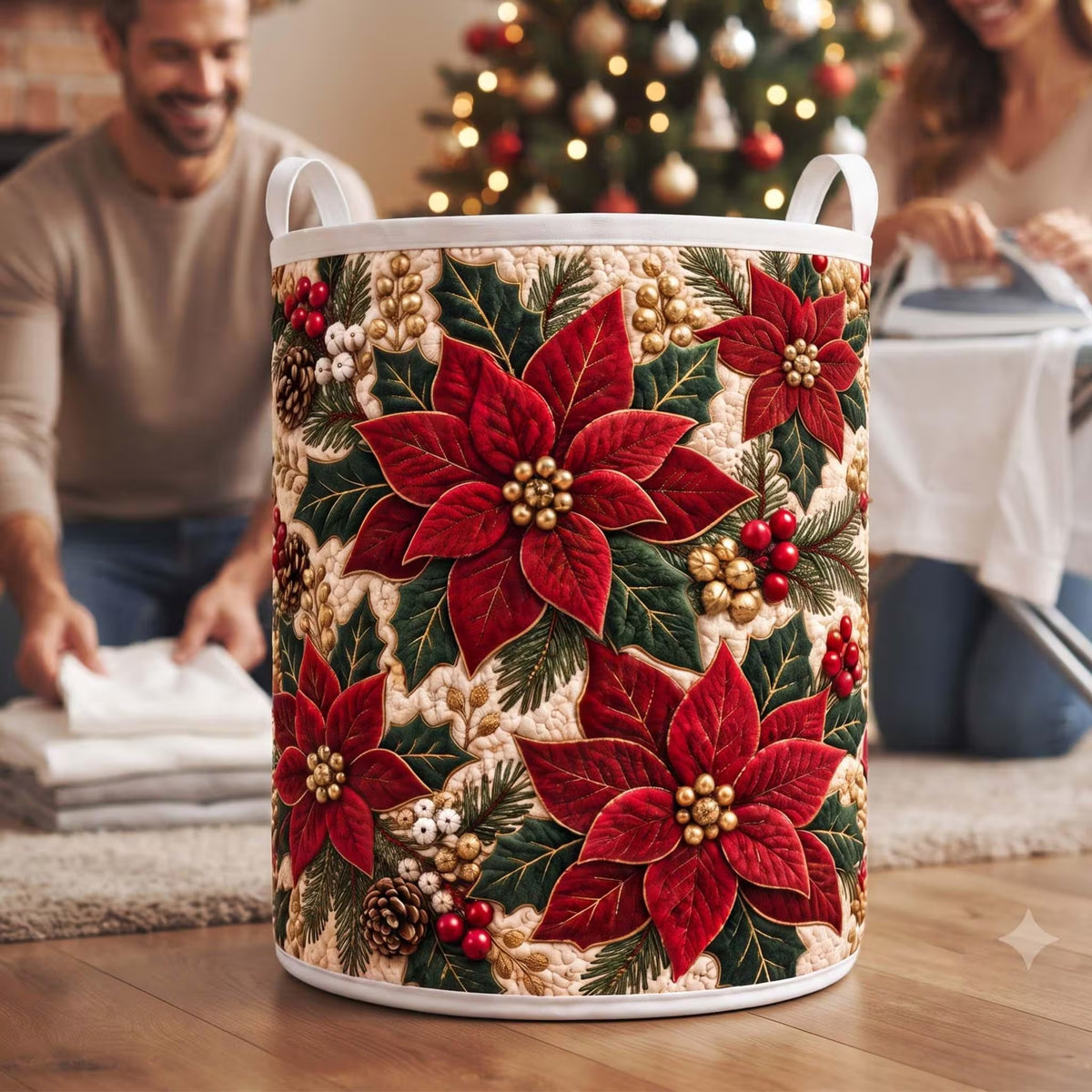 Christmas Red Poinsettia Laundry Basket, Laundry Storage Basket, Gift For Mom