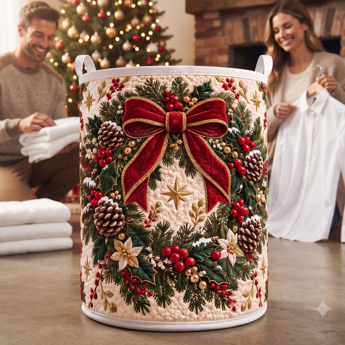 Wreath Red Bow Laundry Basket, Laundry Hamper, Christmas Gift For Grandma