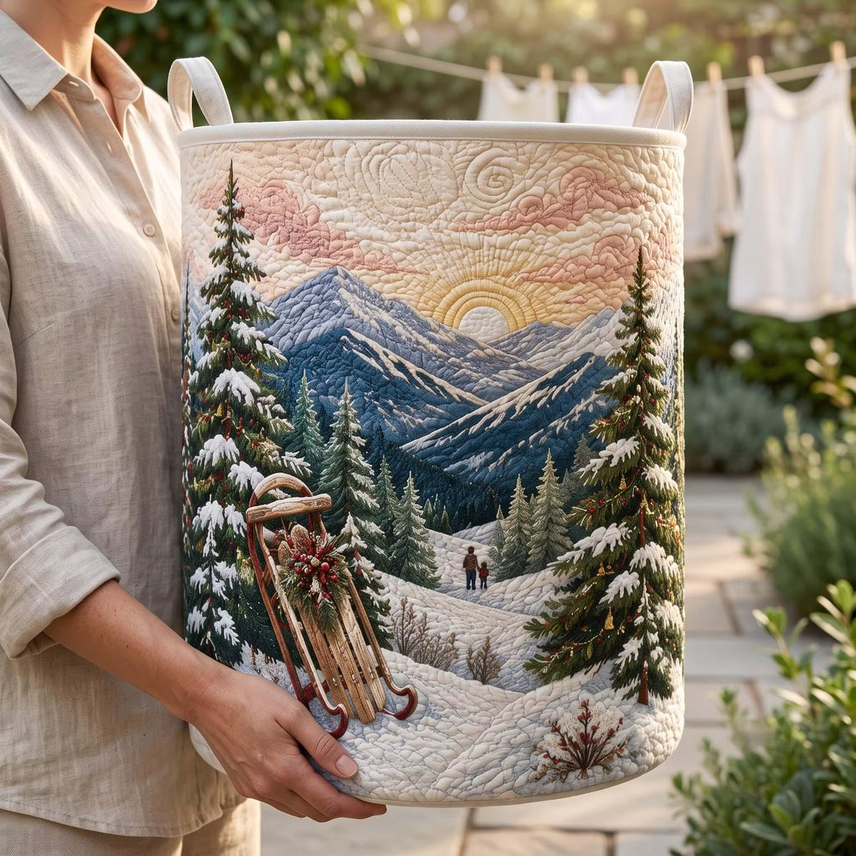 Christmas Mountain Sunrise Sled Laundry Basket, Clothes Hamper, Gift For Mom