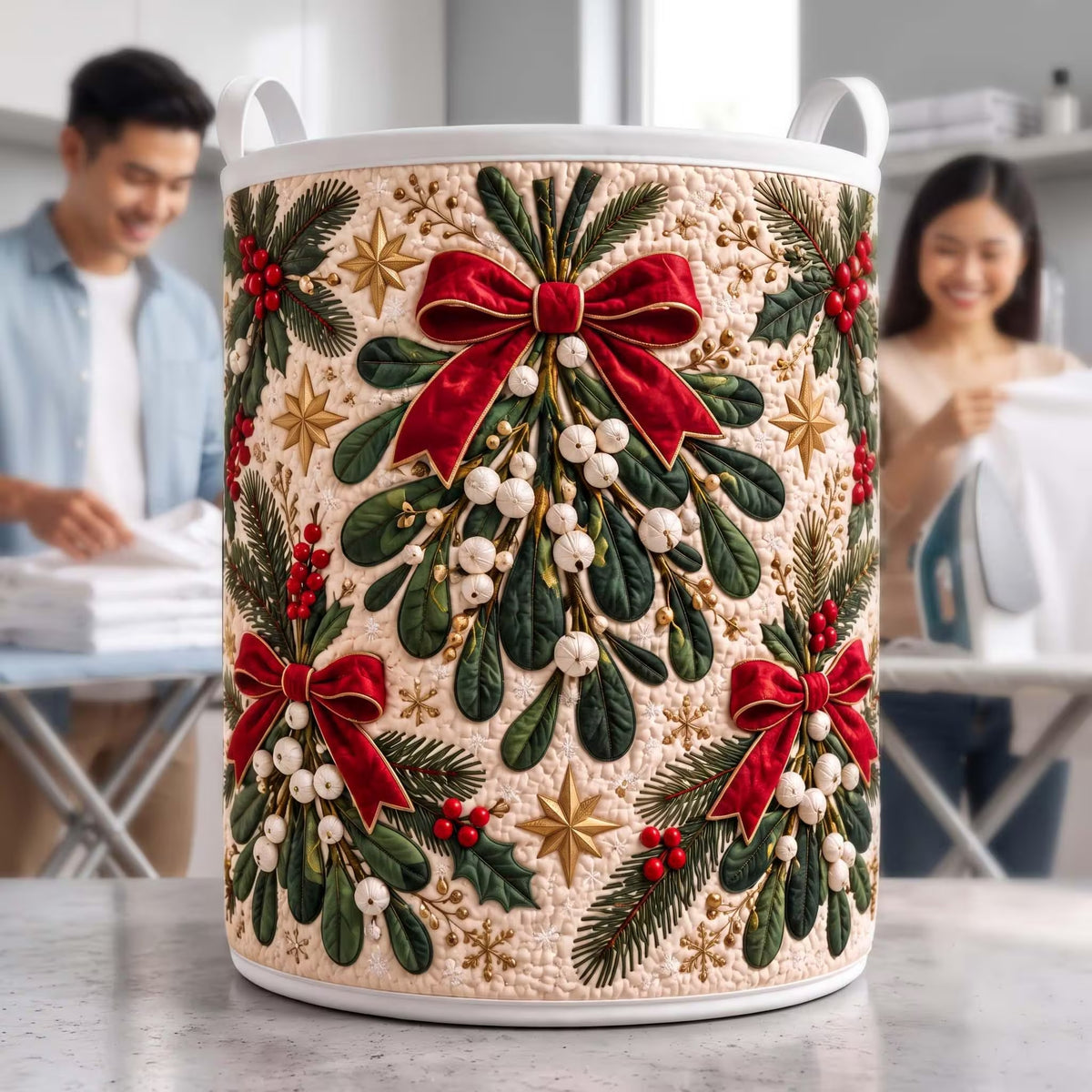 Christmas Mistletoe Red Bow Laundry Basket, Laundry Hamper Basket, Gift For Mom