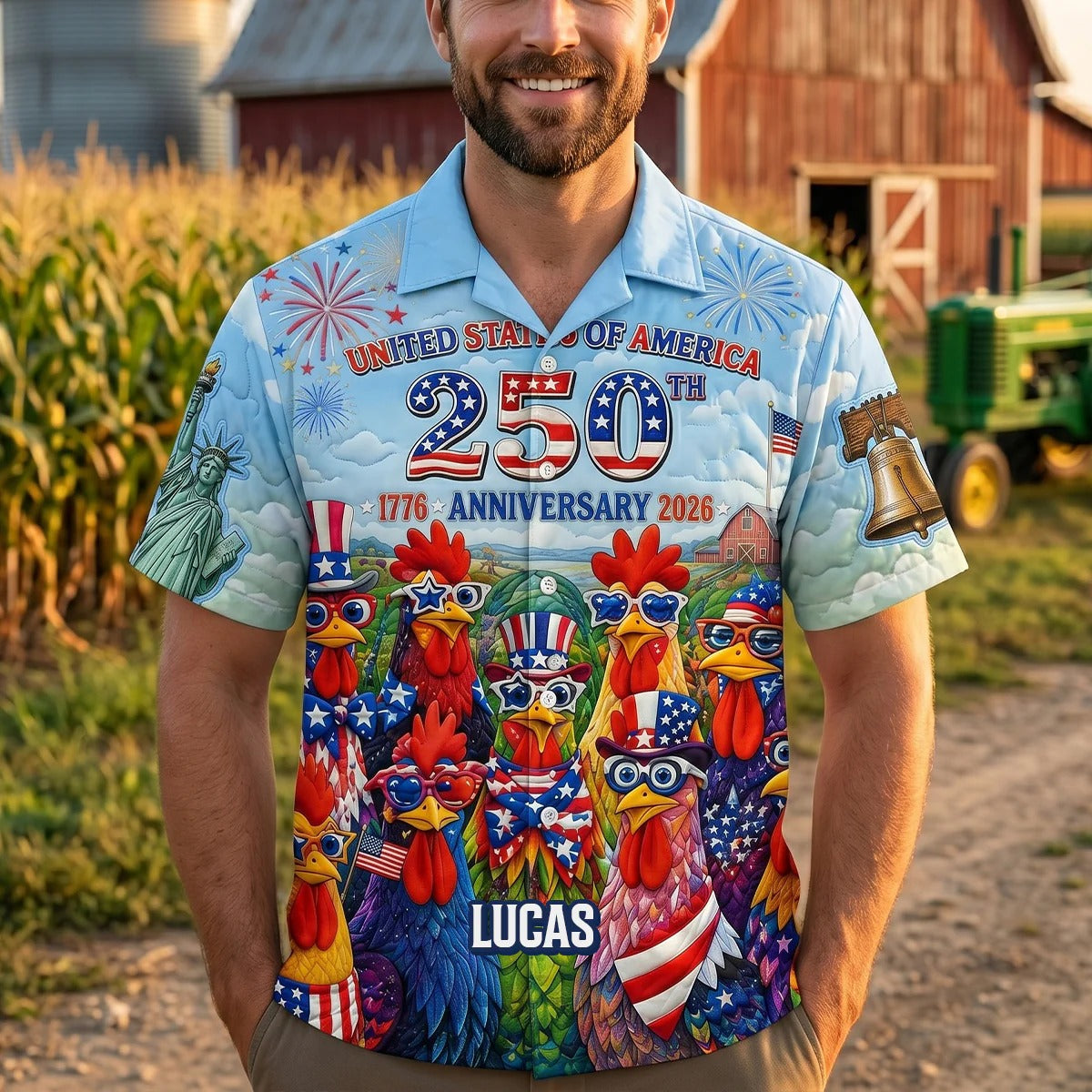 Patriotic Rooster America 250th Anniversary Hawaiian Shirt, USA Shirt, Independence Day Shirt