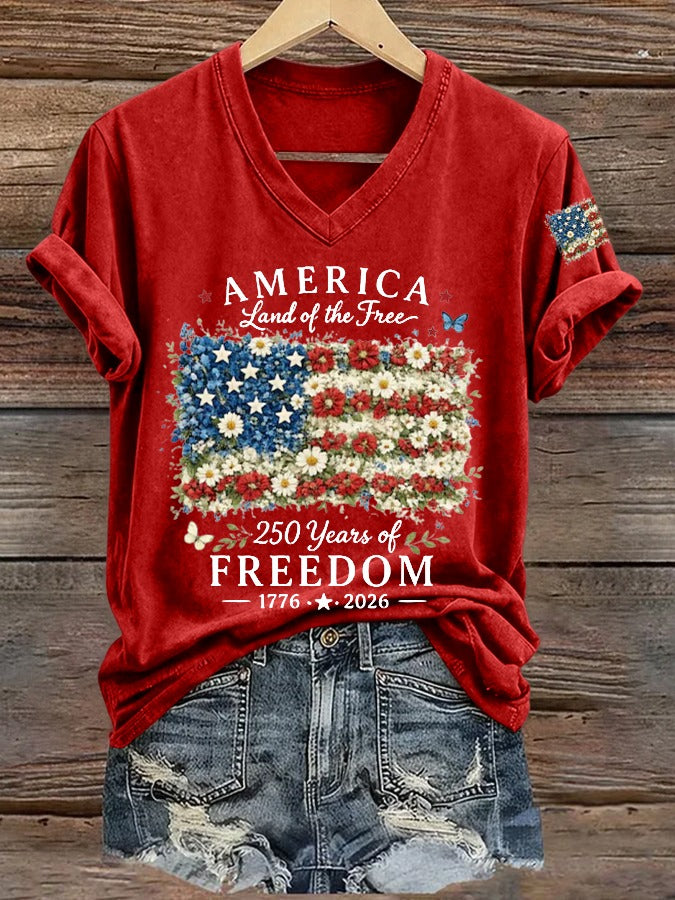 America Land Of The Free Floral Flag V Neck Shirt, America 250 Shirt, Red White And Blue Shirt