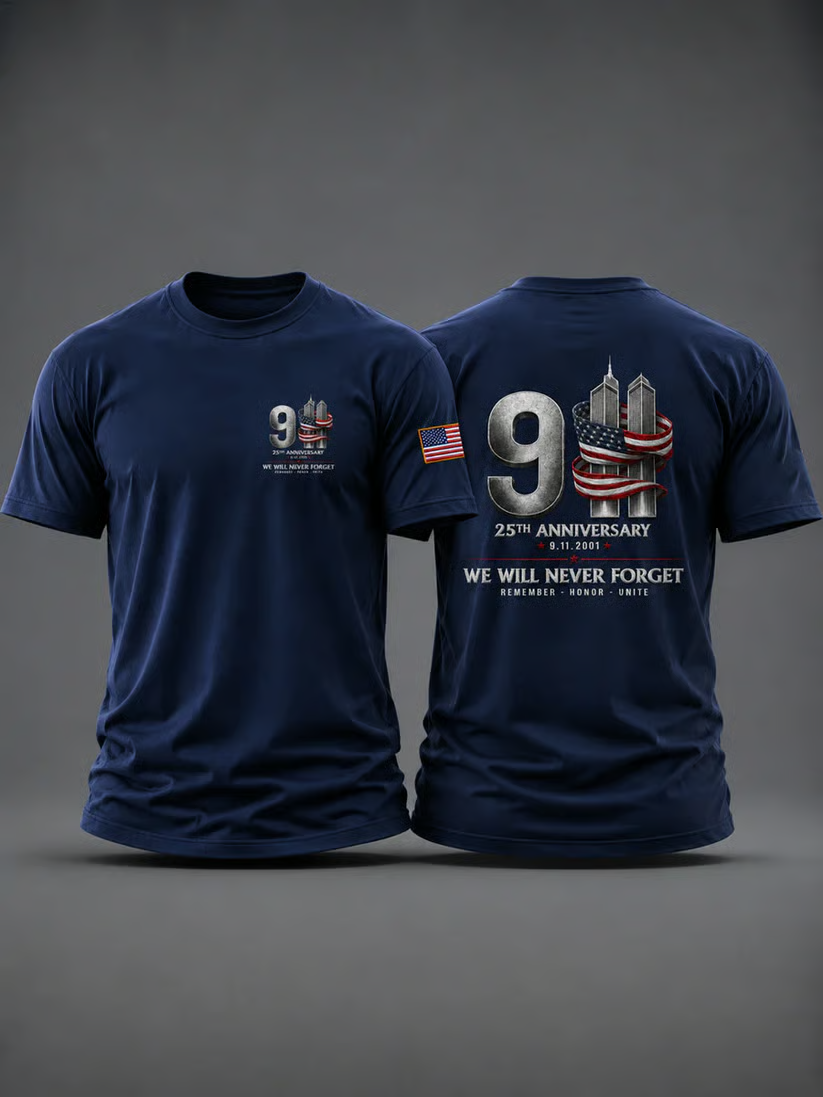 We Will Never Forget 9/11 Memorial Shirt, Remember Patriot Day Shirt, 25th Anniversary Patriotic Men Tee