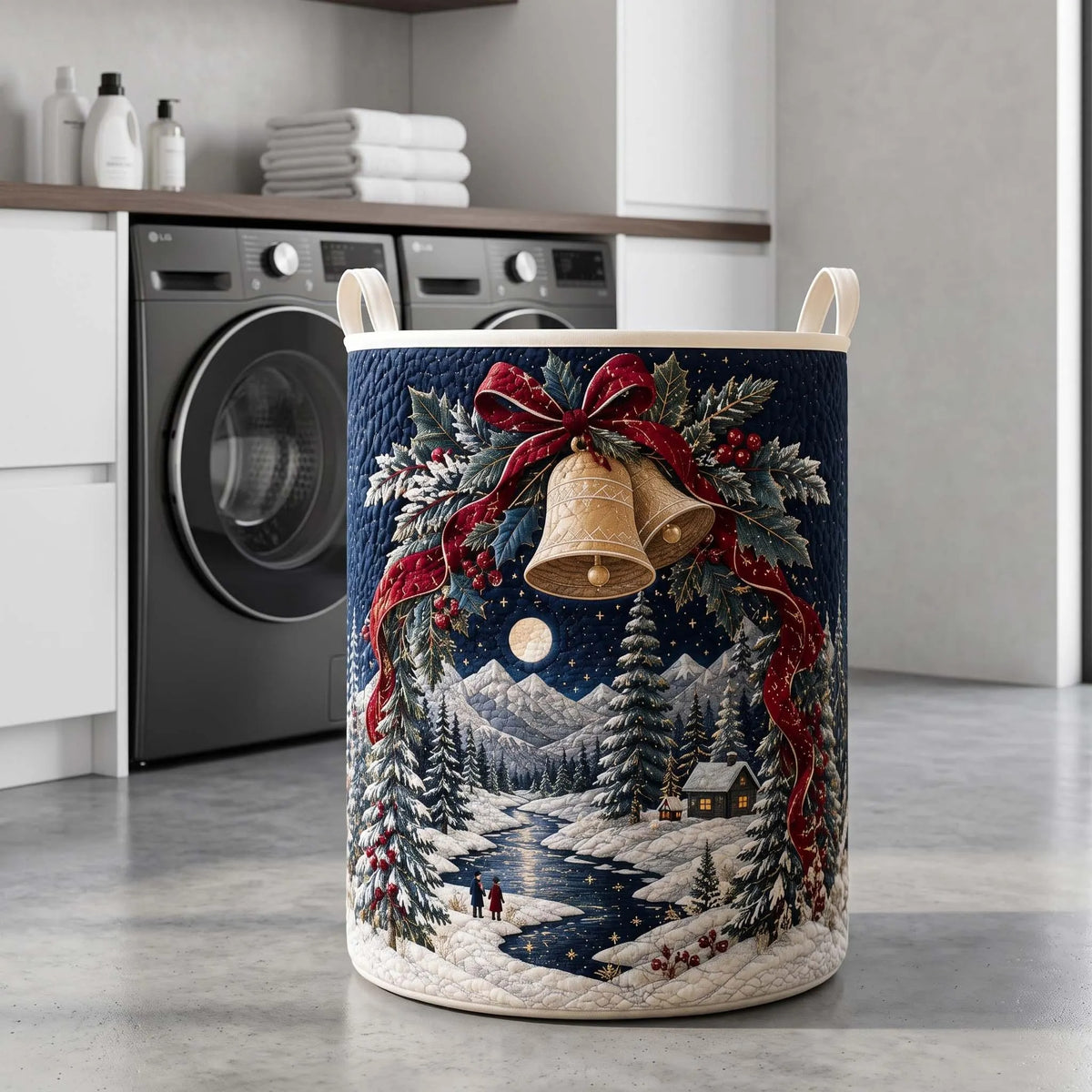 Christmas Bells Snowy River Laundry Basket, Laundry Hamper Basket, Gift For Mom