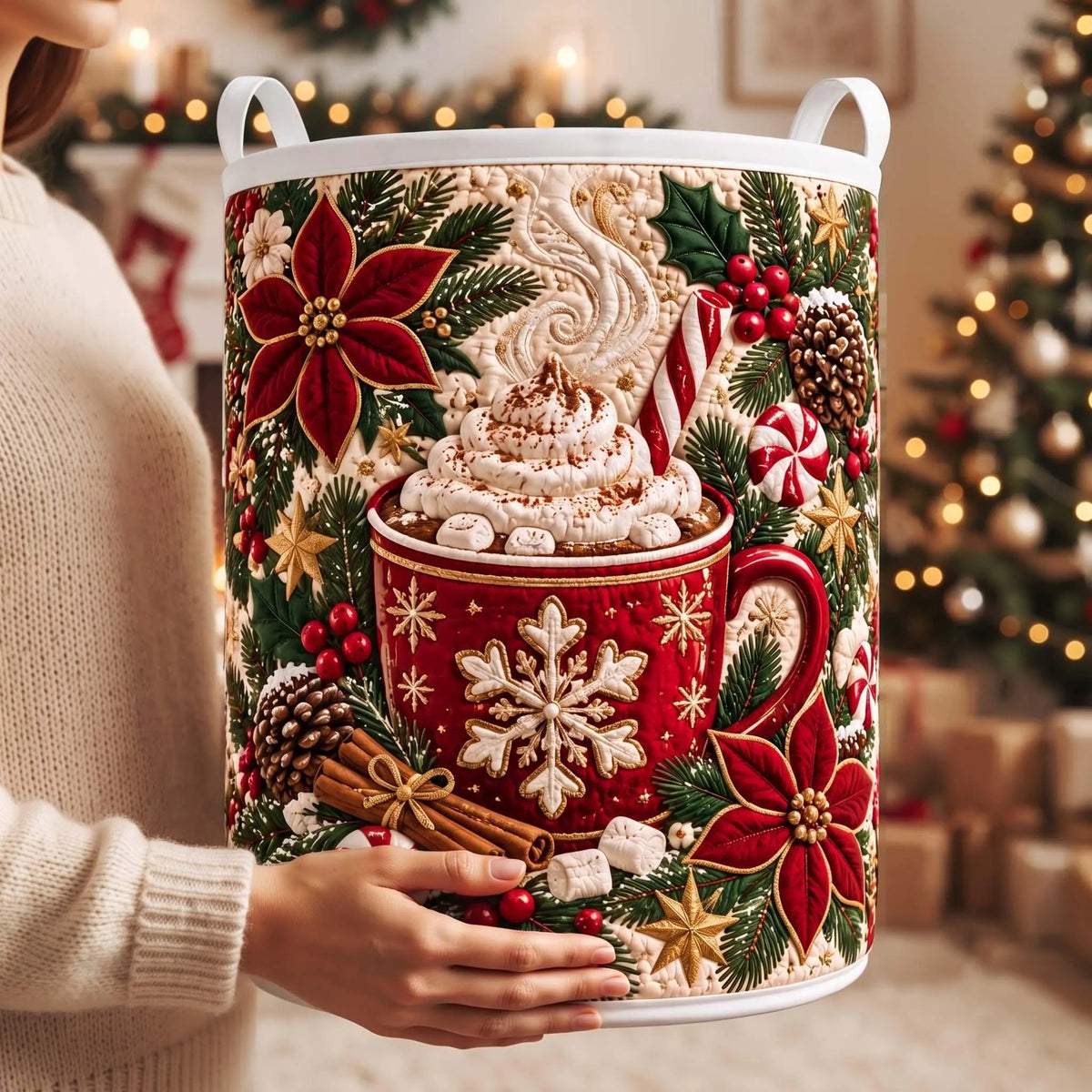 Christmas Hot Cocoa Poinsettia Laundry Basket, Laundry Hamper, Christmas Gift