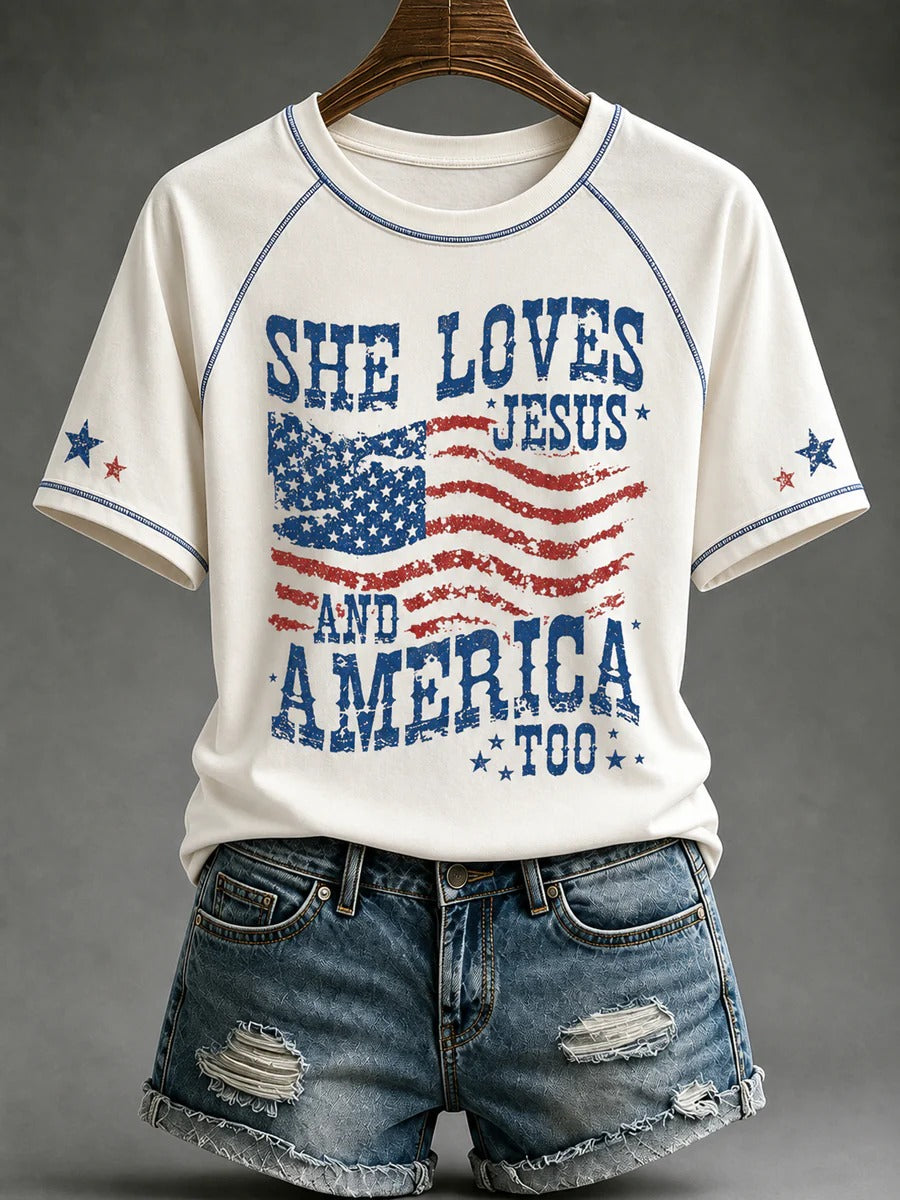 Women's Loves Jesus and America Too Flag Stars Shirt Women's Christian T-shirts, Christian Gifts