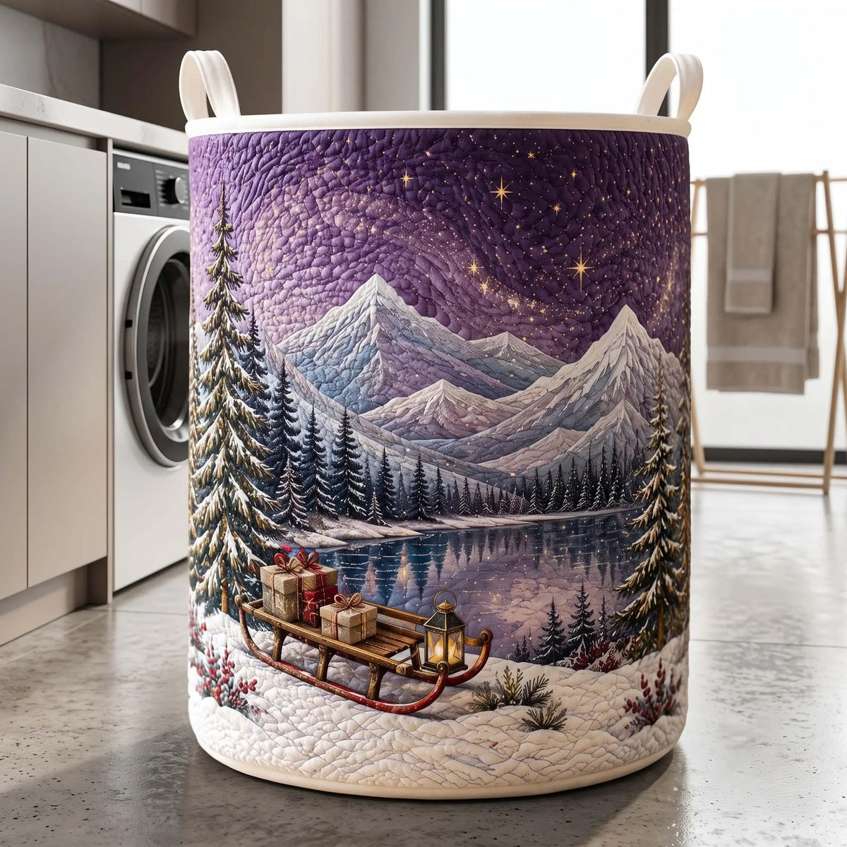Christmas Mountain Lake Sled Laundry Basket, Clothes Hamper, Christmas Gift For Wife