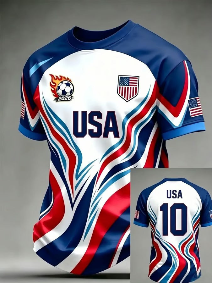 Patriotic USA Soccer Jersey, Red White Blue Wave Design, World Cup 2026 Shirt