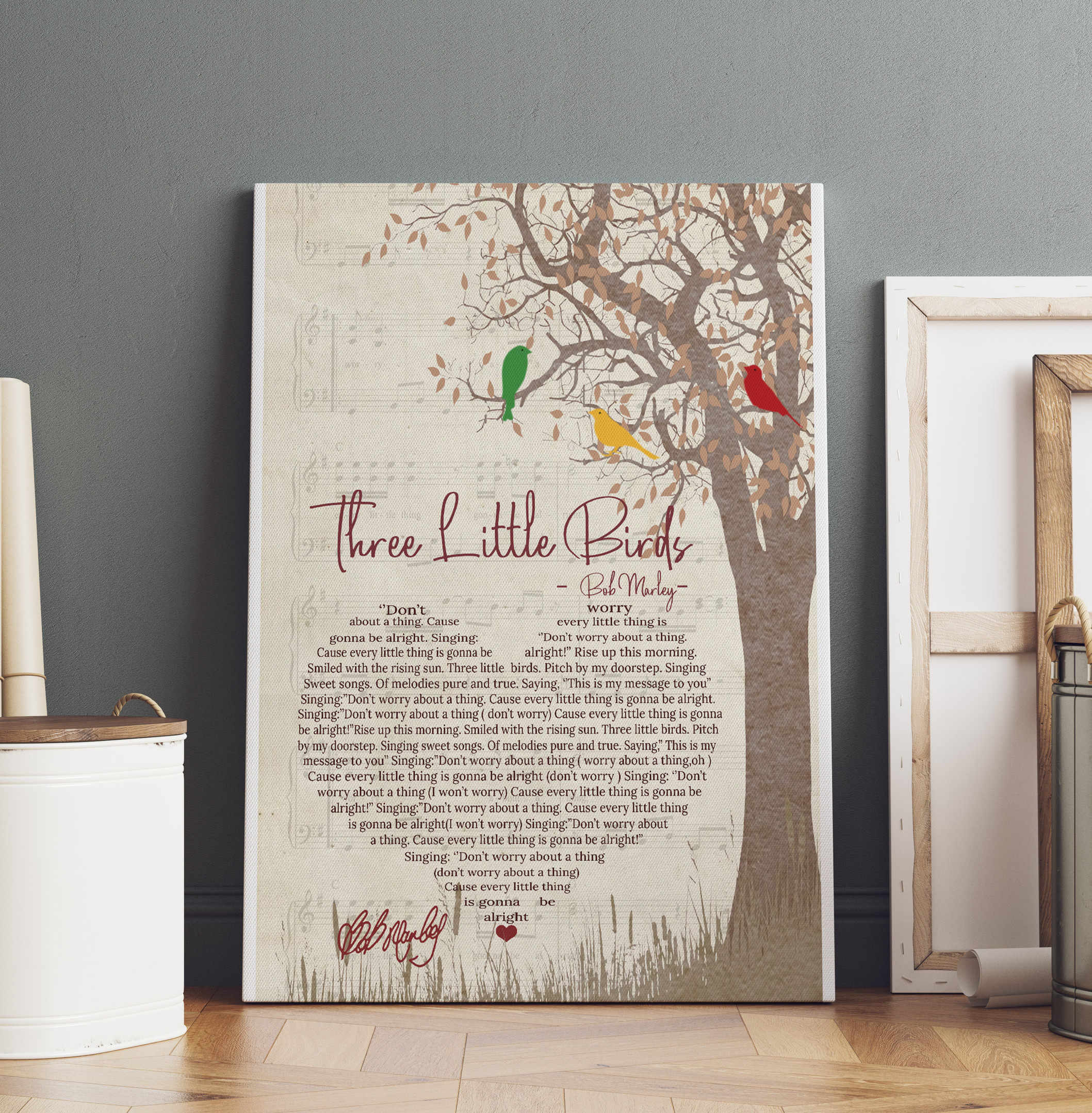 Three Little Birds Bob Marley Lyrics Print Canvas, Song Lyric Wall Art Print Canvas, Framed Canvas Prints