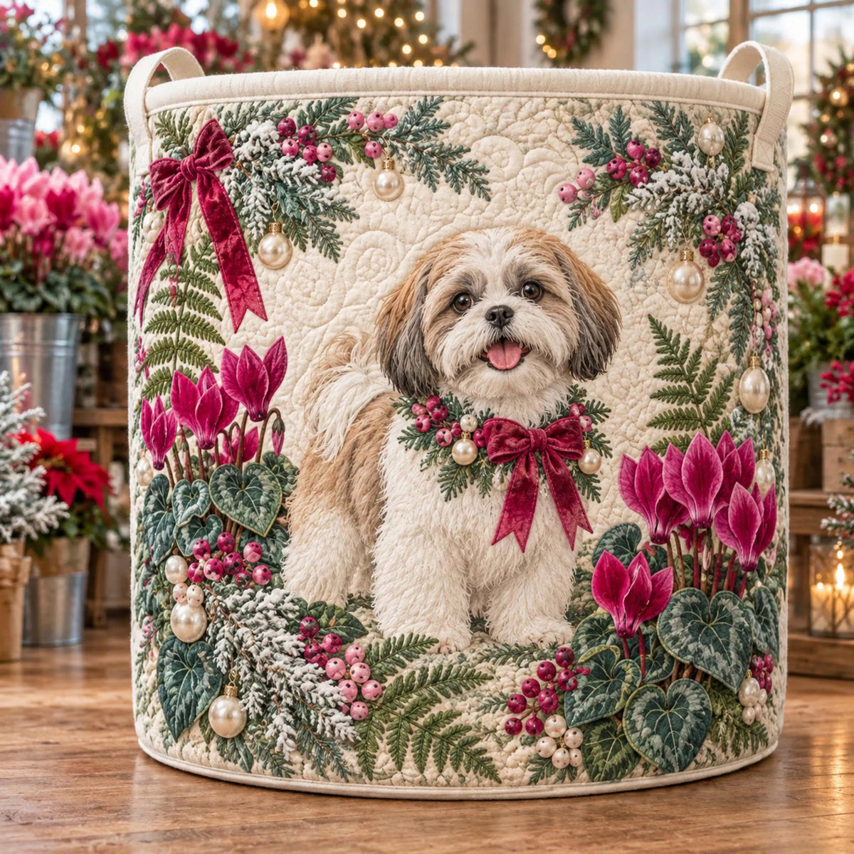 Christmas Shih Tzu Pink Flowers Laundry Basket, Clothes Hamper, Gift For Dog Lovers