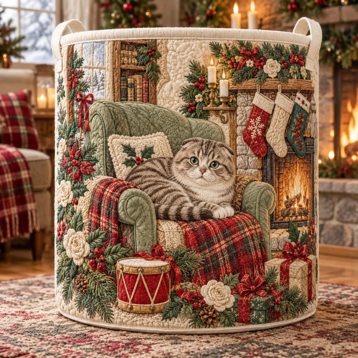 Christmas Cat Fireplace Laundry Basket, Laundry Hamper, Christmas Gifts For Family