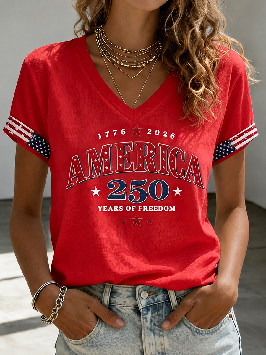 Women’s America 250 Years Of Freedom V-Neck T-Shirt, USA 250th Anniversary Shirt, Patriotic Shirt