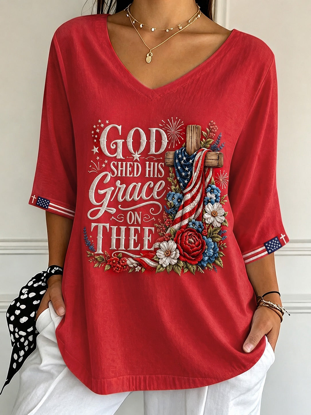 God Shed His Grace On Thee Cross Floral V-Neck Shirt, USA 250th Anniversary Shirt, America 250 Years Shirt