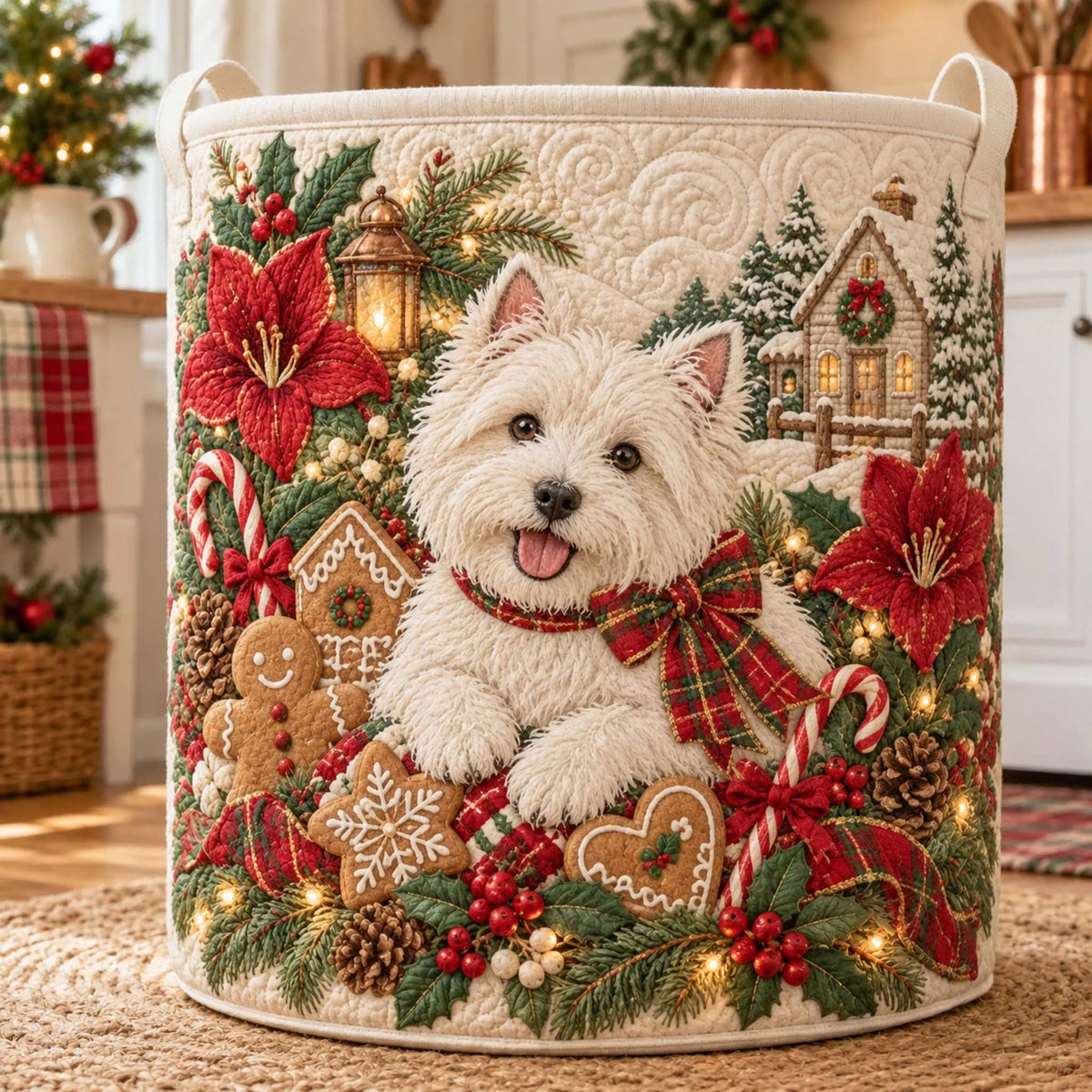 Christmas White Dog Gingerbread Laundry Basket, Laundry Hamper, Gift For Dog Lovers