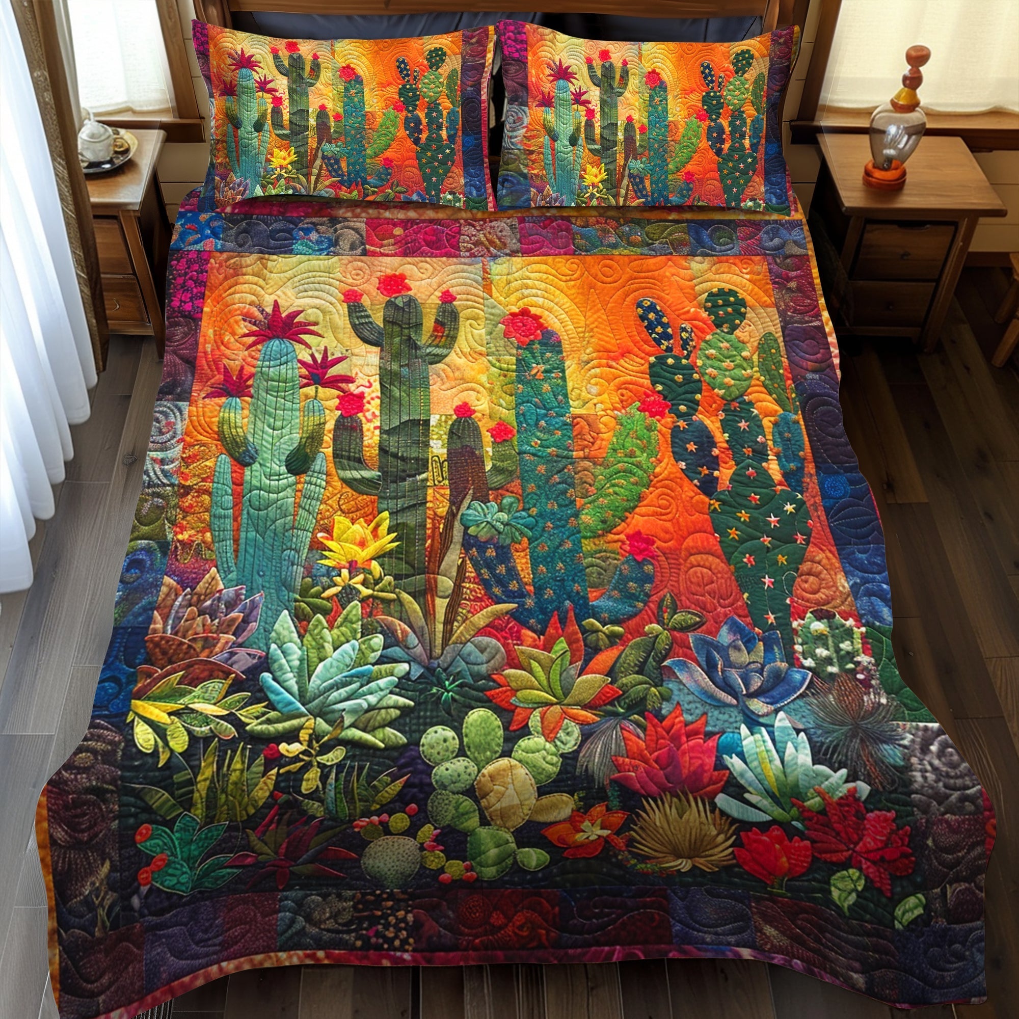 Radiant Desert Cactus Quilted Bedding Set Fall Quilt Sets Nature Lover Gift Fall Decor Gift
